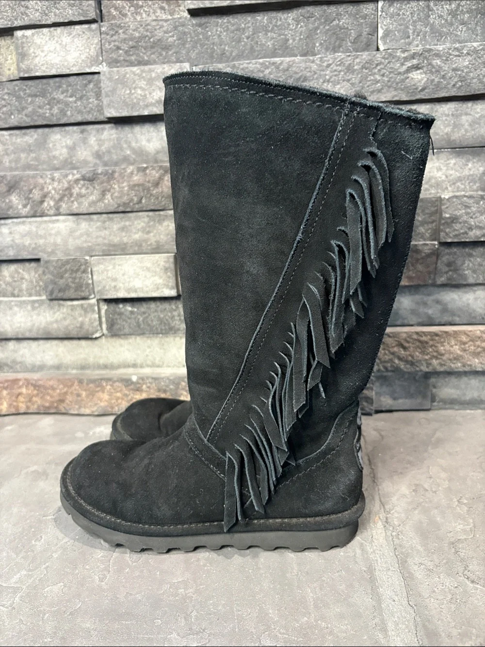 Bearpaw Black Suede Boots with Fringe